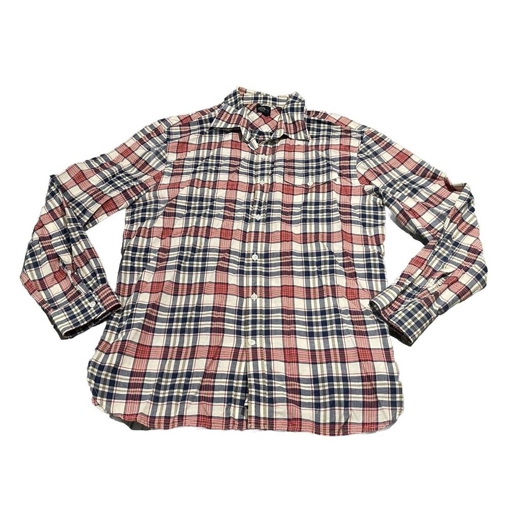 LL Bean Vintage 50s 60s Plaid Flannel Shirt Women M Medium Navy Blue Red Tan